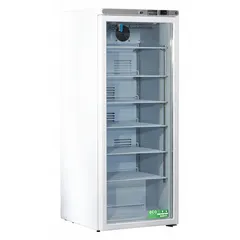 This upright lab refrigerator provides a 2°C to 7°C temperature range for storage of temperature-sensitive materials. It features a swing glass door with right opening, a white finish, and a temperature alarm. Uses R-600a refrigerant. Suitable for preserving medications, vaccines, and biological samples in laboratory and healthcare environments.