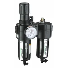 This combined unit filters compressed air to 40 micron, regulates pressure up to 150 psi, and delivers a fine oil mist for lubrication. With 1/2 in NPT ports and a flow capacity of 192 cfm, it is suited for pneumatic tools, cylinders, and valves in compressed air systems.