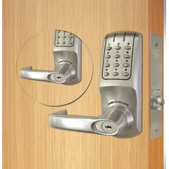 This electronic keyless lock is constructed from zinc and features a keypad for code-based entry. It is ADA compliant and includes an interchangeable core key override. Suitable for commercial and industrial doors requiring keyless access, such as offices, warehouses, and restricted areas.