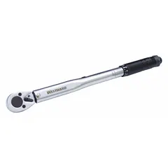 This ratcheting micrometer torque wrench has a 3/8 in drive and a torque range of 10 ft-lb to 80 ft-lb. It displays measurements in foot-pounds and newton-meters and is tether capable. Suitable for precision tightening of fasteners in automotive, industrial, and mechanical applications.