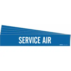 Blue adhesive pipe marker with white 'Service Air' legend for identifying compressed air lines. Fits pipe outer diameters from 2-1/2 to 7-7/8 inches. Each pack contains 5 markers without arrows. Suitable for industrial piping systems requiring clear identification of service air lines.