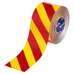 Red/yellow striped floor marking tape with a 22 mil thick polyester backing. Used to mark safety zones, aisles, and hazard areas in industrial facilities. The high-visibility pattern signals caution to help prevent accidents.