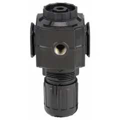 Intermediate-duty aluminum compressed air regulator with 1/2 in NPT ports. Flow capacity of 220 cfm and adjustable pressure range from 5 to 150 psi. Nonrising adjustment knob for stable pressure control in pneumatic systems such as assembly lines, packaging equipment, and machine tools.