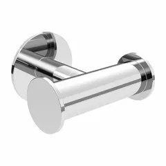 This double robe hook is constructed from stainless steel with a polished finish. It provides two hanging points for robes, towels, or clothing. The hook includes screws and waterproof tape for installation. Suitable for use in bathrooms or other humid environments.