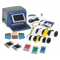 Single-color thermal transfer printer for facility identification and lean labeling. Supports PC-connected or standalone Wi-Fi operation. Includes Brady Workstation Safety and Facility Identification Software Suite, Documentation Holder, and Blank Valve Tag Variety Pack (142133).
