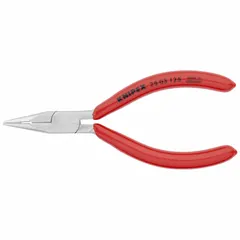 Needle-nose pliers with serrated gripping surface and integrated cutter. Overall length 5 in, jaw length 1 1/8 in, tip width 1/8 in. Used for precision gripping, bending, and cutting in confined spaces.