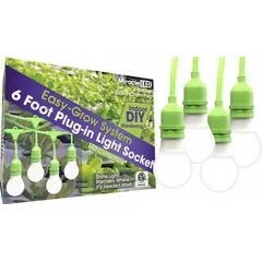Multiple light string fixture with four lightheads, each with a Medium Screw (E26) bulb base. Operates on 120 to 220V AC. Includes a 6 ft cord. Supplied in a pack of 4. Suitable for temporary or permanent lighting in workshops, garages, and construction sites.