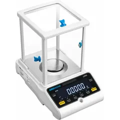 Analytical balance with 250 g capacity and 0.0001 g readability. Features an LCD display and ABS housing. Suitable for precise mass measurement in laboratory settings, including chemical analysis and material testing.