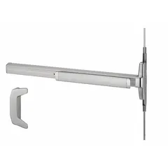 This concealed vertical rod exit device features a touchbar style and chrome finish. It is designed for doors up to 3 ft wide and includes a dummy pull outside trim. The unit is ADA compliant and operates by retracting top and bottom latches when the touchbar is activated, providing safe egress for commercial door applications.