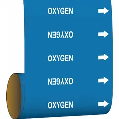Blue adhesive pipe markers with white legend reading 'Oxygen', designed for pipes with an outer diameter of 2 inches and smaller. Each roll contains 30 markers with directional arrows, suitable for identifying oxygen lines in industrial piping systems.