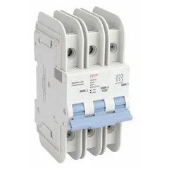 This 3-pole miniature circuit breaker features a B-curve trip characteristic for overcurrent protection in commercial and industrial electrical panels. Rated 20 A with a maximum interrupting rating of 10kA at 480V AC, it mounts on standard DIN rails and uses lug terminal connections. Not rated for DC voltage.