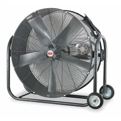 This mobile industrial floor fan features a 36-inch blade diameter and a 1 hp belt-driven motor. It operates on 120V AC and is constructed with steel. The mobile base allows repositioning for air movement in industrial settings such as warehouses, factories, and workshops.