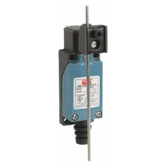 This lever-rod limit switch features an adjustable rod lever-arm actuator and screw terminals. It is designed for use in industrial automation to detect the presence or position of moving parts. Typical applications include conveyors, packaging machinery, and material handling equipment.