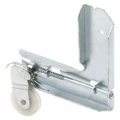 This PRIME-LINE corner and roller unit is a replacement component for sliding screen door assemblies. It combines a corner bracket and roller in one gray, unfinished piece. Overall height and length are 9 23/64 inches. Designed to restore smooth operation in residential or light-commercial screen doors.