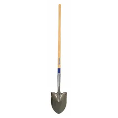 This round point shovel features a 14-gauge steel blade with a black finish and a 48-inch natural wood handle. The straight handle type provides leverage for digging, trenching, and moving soil, gravel, or sand.
