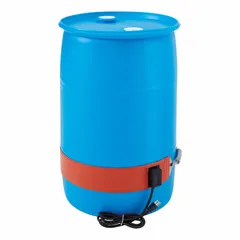 Silicone rubber band heater for drums, rated 1200 W at 115 V AC with 10 A current draw. Maintains contents between 67°F and 85°F. IP54 rated for outdoor use. Suitable for preventing freezing or maintaining viscosity of materials in standard drums.