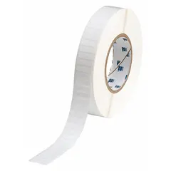 White gloss polyester precut label roll for use with THT printer series. Labels measure 1 3/32 in x 1/4 in. Suitable for industrial identification, asset tracking, cable marking, and component labeling.
