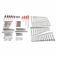 This 191-piece mechanics tool set includes 5 locking pliers, 6 screwdrivers, a 50-piece 1/4 in drive ratchet and socket set, and 4 combination wrenches. The set features both Metric and SAE sizing with 1/4 in and 3/8 in socket drive sizes, all organized in a tool case. Suitable for automotive repair, equipment maintenance, and general mechanical work.