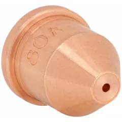 This unshielded nozzle is a consumable component for Hypertherm plasma torches, designed for machine-mounted torch applications. Rated at 100 A, it is compatible with RT80/80M and T80/80M/100/100M/100M-2 torch models. The nozzle directs the plasma arc for cutting conductive materials in industrial fabrication and metalworking.