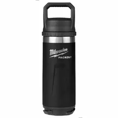 This insulated stainless steel water bottle has an 18 oz capacity and a black metal finish. It measures 10 3/8 inches in overall height. Suitable for keeping beverages at temperature in industrial or workshop environments.