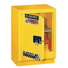 Stationary steel cabinet with manual doors, designed for storing flammable liquids. Yellow finish. Compatible with fume hoods. Overall dimensions: 35 3/4 in height, 24 in width, 21 5/8 in depth.