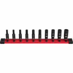 This 10-piece SAE impact socket set features a 1/4 in drive size with sockets ranging from 3/16 in to 9/16 in. The friction ring retention system secures sockets on the anvil during high-torque fastening with impact wrenches. Suitable for automotive, construction, and industrial maintenance applications.