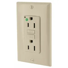 Hospital-grade, feed-through GFCI receptacle in a spec-grade decorator duplex configuration. 5-15R, 125V AC, ivory finish. Provides ground-fault protection for personnel in commercial and institutional settings.