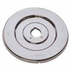 Chrome-finished circular escutcheon designed to cover and finish the valve installation for a single-handle tub/shower. Provides a clean, flush appearance around the handle and spout openings.