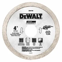 This 4-inch diameter diamond blade is designed for cutting tile and stone materials on masonry saws. It supports arbor sizes of 5/8 in, 7/8 in, or 13/16 in and is suitable for both wet and dry cutting applications. The blade is rated for general stone and tile cutting tasks.