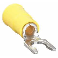 This insulated locking fork terminal features a vinyl insulation and a funnel-entry barrel for easier wire insertion. It accommodates 12 AWG to 10 AWG wire and is rated for 1,000 V. The #10 stud size and locking fork design provide secure connections in control panels, machinery, and power distribution applications.
