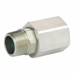This swivel connector features an aluminum body with a 1 1/4 in MNPT male inlet and a 1 1/2 in FNPT female discharge, both NPT threaded. Chemically compatible with diesel, it is used in fuel-handling systems to connect hoses or pipes while allowing rotation, reducing torque and wear.