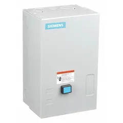 This enclosed non-reversing starter features electronic overloads and a NEMA Size 2-1/2, 60 A rating. It has 3 poles, a 240V AC coil, screw terminals, one normally open auxiliary contact, and a pilot light. Suitable for starting and protecting three-phase motors in industrial applications such as conveyors, pumps, and fans.