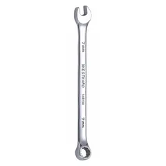 This 7 mm metric spline combination wrench features an offset design for improved access in confined spaces. Constructed from alloy steel with a chrome finish, it resists corrosion. Suitable for tightening or loosening fasteners in mechanical and industrial applications.