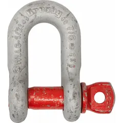 This CROSBY D-shackle is made of carbon steel with a silver finish. It has a working load limit of 3,500 lb and a width between eyes of 2 7/8 in. Used in rigging and lifting to connect chains, slings, or other hardware.