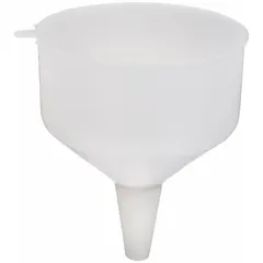 This polyethylene spout funnel has a 144 fl oz fluid capacity and includes a removable 100 grit (fine) mesh filter. It measures 9 inches in overall diameter and 10 inches in overall height. The funnel is white and suitable for transferring fluids while filtering out particles in automotive, industrial, and chemical handling applications.