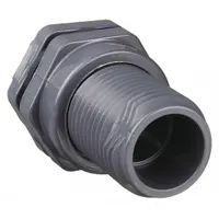 This PVC through-wall fitting is designed for tank connections, providing a female socket on both the inside and outside, each 3 inches. The PVC construction offers resistance to corrosive environments. Suitable for applications requiring a leak-proof bulkhead fitting for fluid transfer or instrumentation access