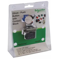 Momentary-action flush-mount push button from the XB4 series. Features a metallic flush profile, 22 mm mounting diameter, and 1 normally open (1NO) contact. Suitable for control panels and industrial machinery requiring a flush operator.
