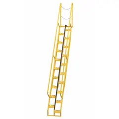 Steel alternating-tread stairs with perforated treads, yellow finish, and 350 lb load capacity. Designed for space-efficient access to elevated platforms, mezzanines, and equipment in industrial environments.