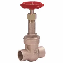 This 2-1/2" bronze gate valve features a rising stem and sweat x sweat connections. It is designed for on/off control in general-purpose plumbing and HVAC systems, suitable for water, oil, and gas applications. The bronze wedge and bonnet provide corrosion resistance, with a maximum pressure rating of 200 psi CWP.