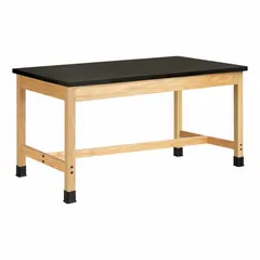 Fixed-height lab table with an epoxy countertop that resists chemicals and stains. Overall dimensions: 30 in width, 42 in height, 6 ft length. Load capacity of 500 lb. Suitable for laboratory environments requiring a durable, easy-to-clean work surface.