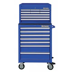Light-duty top chest and rolling cabinet combo with 16 drawers. Features a keyed locking system and ball-bearing drawer slides. Finished in blue powder coat. Top chest measures 26 in wide by 12-5/8 in deep by 16-3/8 in high. Suitable for organizing hand tools and small parts in workshops, garages, and maintenance facilities.