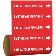 Red adhesive pipe marker with white legend 'Fire Auto Sprinklers' and directional arrows. Fits pipe outer diameter of 2 inches and smaller. Each roll contains 30 markers. Used for identifying fire sprinkler system pipes in commercial and industrial facilities.