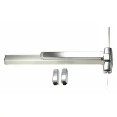 This surface vertical rod exit device features a touchbar and night latch, designed for doors up to 4 ft wide. The chrome finish provides a standard commercial appearance. Suitable for use in buildings requiring code-compliant emergency egress.