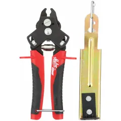 These hog-ring pliers are designed for closing standard hog rings in applications such as fencing, upholstery, and industrial packaging. The tool features a standard handle with cushion grip for operator comfort and a tether-ready design for safety. With a 50-ring capacity, it is suited for repetitive fastening tasks.