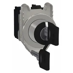 Panel-mounted key switch from the XB4 series with a 30 mm mounting hole. Features a 3-position maintained switch action (center key removal) and 2 normally open contacts. Used for industrial control panels where key-operated access or safety control is required.