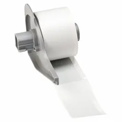 This precut label roll measures 2 3/4 in x 1 1/4 in and is made of polyester with a permanent adhesive. It is designed for use with the BMP71 printer series. Typical applications include asset identification, cable marking, and general facility labeling in industrial environments.