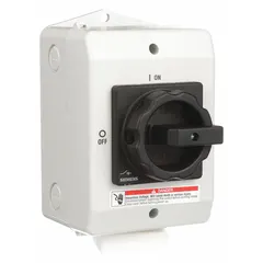 This non-fusible disconnect switch is rated for 30 A and three-phase operation. It features a black handle and a plastic housing, with VDE approval. Suitable for both indoor and outdoor environments, it provides manual isolation for electrical circuits in industrial and commercial applications.