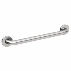 Straight grab bar made of satin-finished stainless steel with antimicrobial properties. Measures 18 inches in length with a 1 1/4 inch diameter and supports up to 800 lb. Suitable for installation in bathrooms, healthcare facilities, and other areas requiring secure hand support.