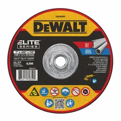 This DEWALT Elite cut-off wheel is a Type 27 depressed center wheel measuring 7 inches in diameter, 0.045 inches thick, with a 7/8-inch arbor hole. It features a 60-grit zirconia alumina abrasive, designed for high-performance cutting of carbon steel and stainless steel. Commonly used in metal fabrication, maintenance, and repair tasks.