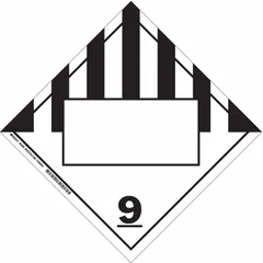 This BRADY placard is used for identifying Class 9 miscellaneous hazardous materials during transport. It measures 10 3/4 inches by 10 3/4 inches and displays the message '9' for compliance with DOT placarding requirements.